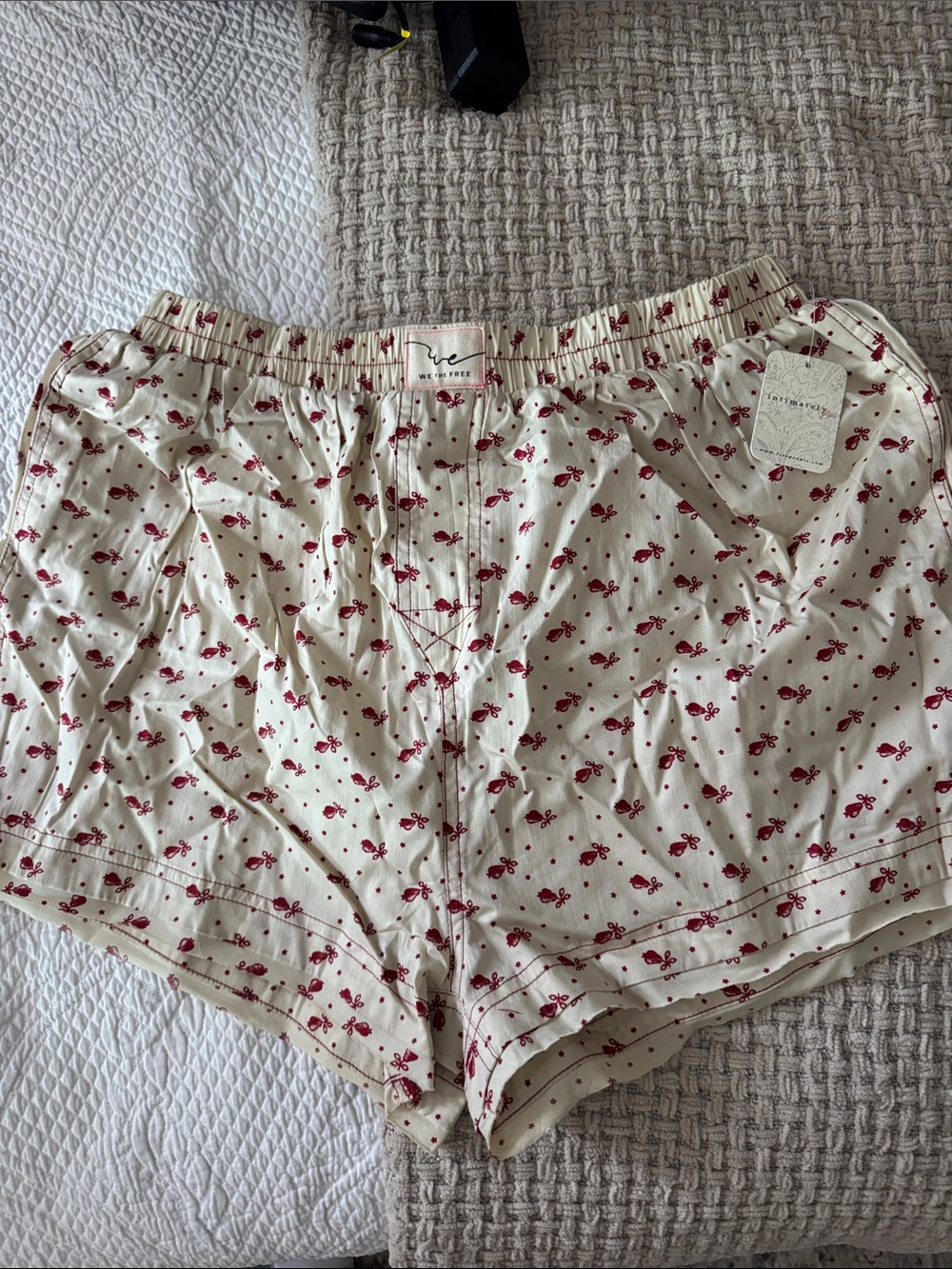 Free People Cream Cotton Lounge Shorts with Red Floral Print